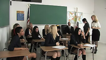 A Group Of Attractive Schoolgirls Engage In Risqué Behavior In Their Classroom