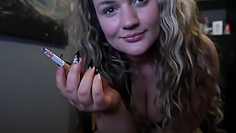 Amateur Blonde In A Small Dress And Smoking, Discussing Interesting Topics